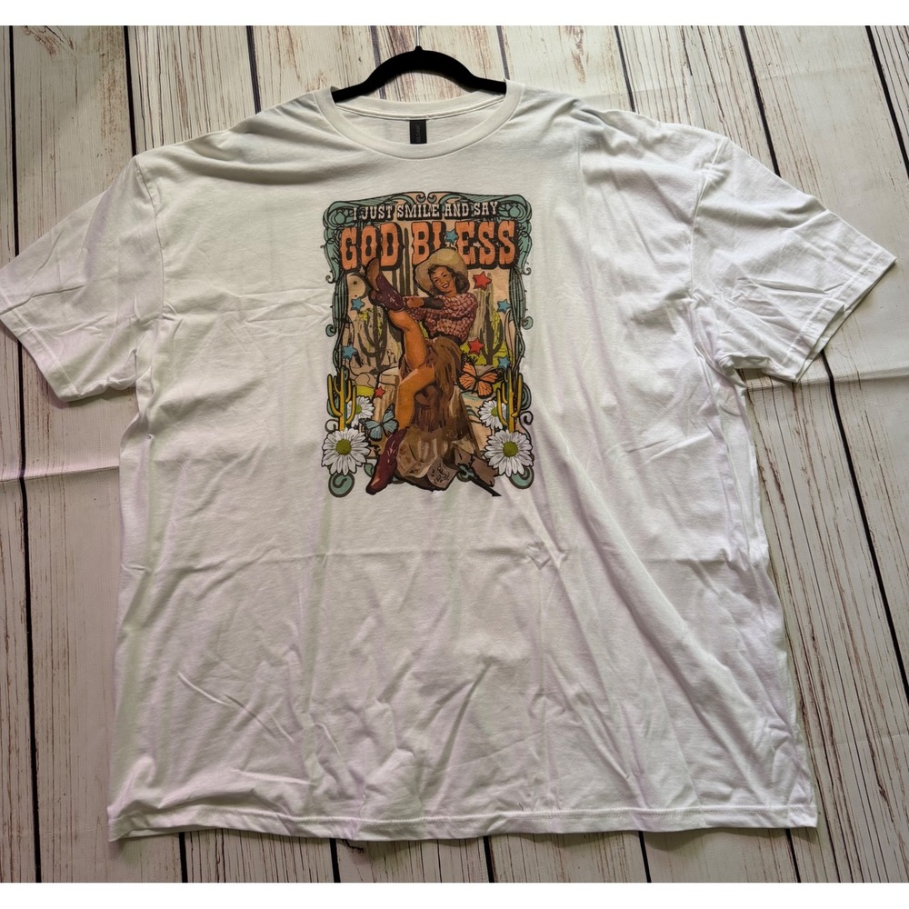 Gildan Softstyle White Graphic Tee God Bless Western Cowgirl Pinup 4XL